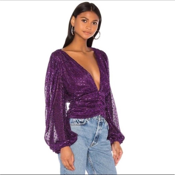 For Love and Lemons La Villette Purple Sparkle Deep V Shimmer Top Shirt Blouse - Picture 1 of 5